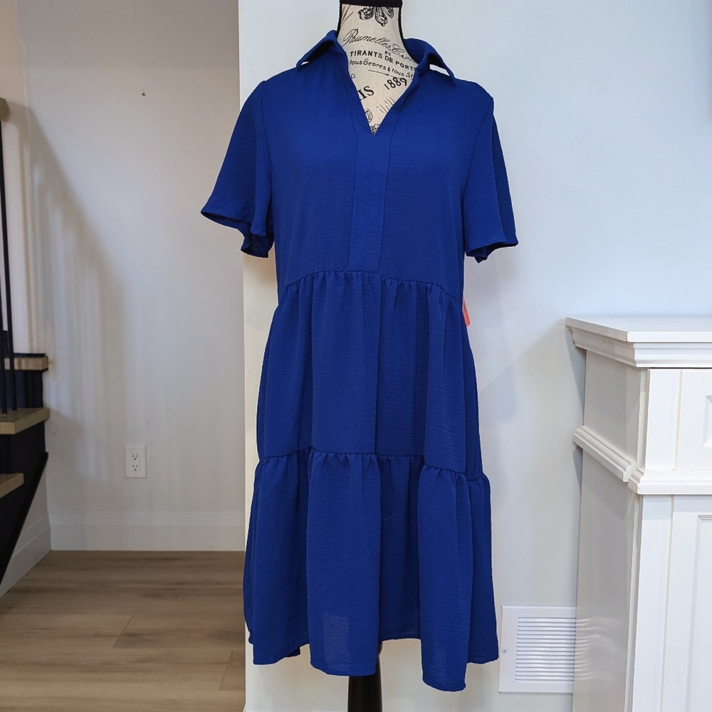 TAHARI | Women's Blue Short Flutter Sleeved V-Neck Tiered Midi Dress